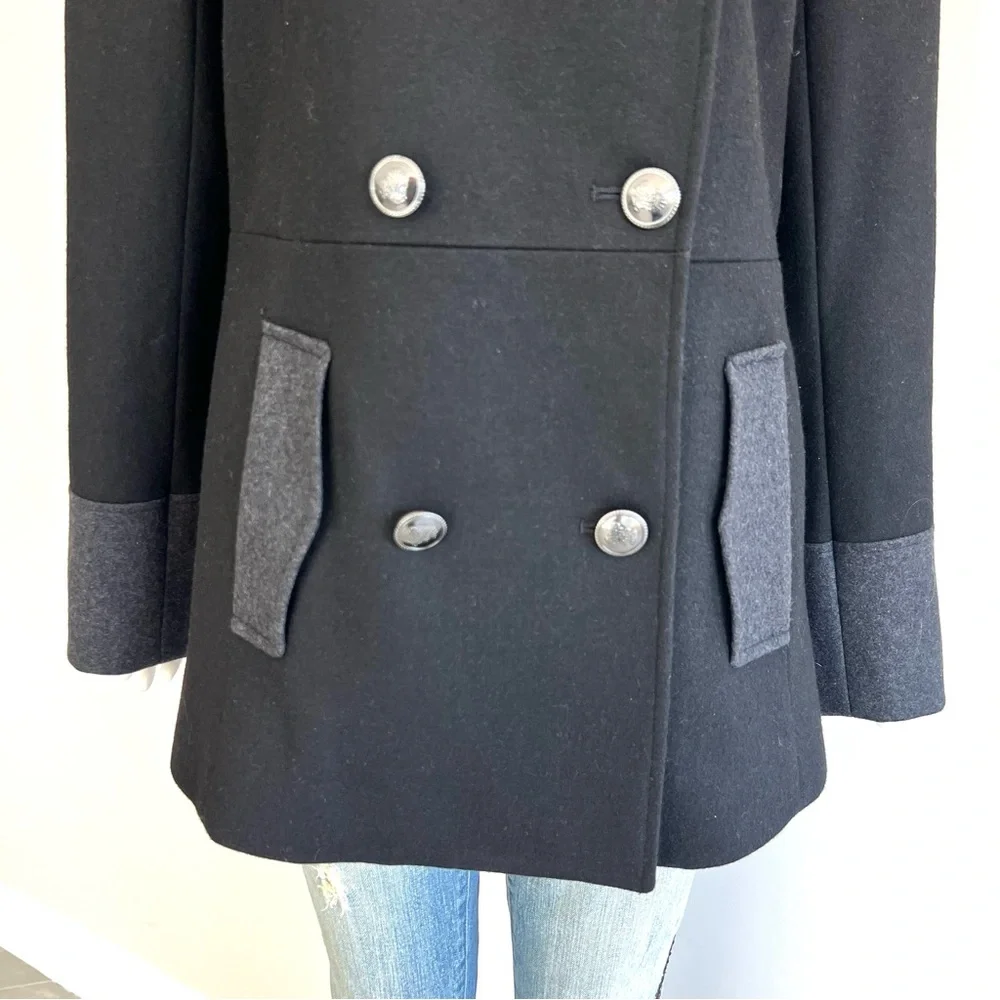 NAUTICA Women's Black Gray Trim Wool Blend Double Breasted Button Peacoat Sz M